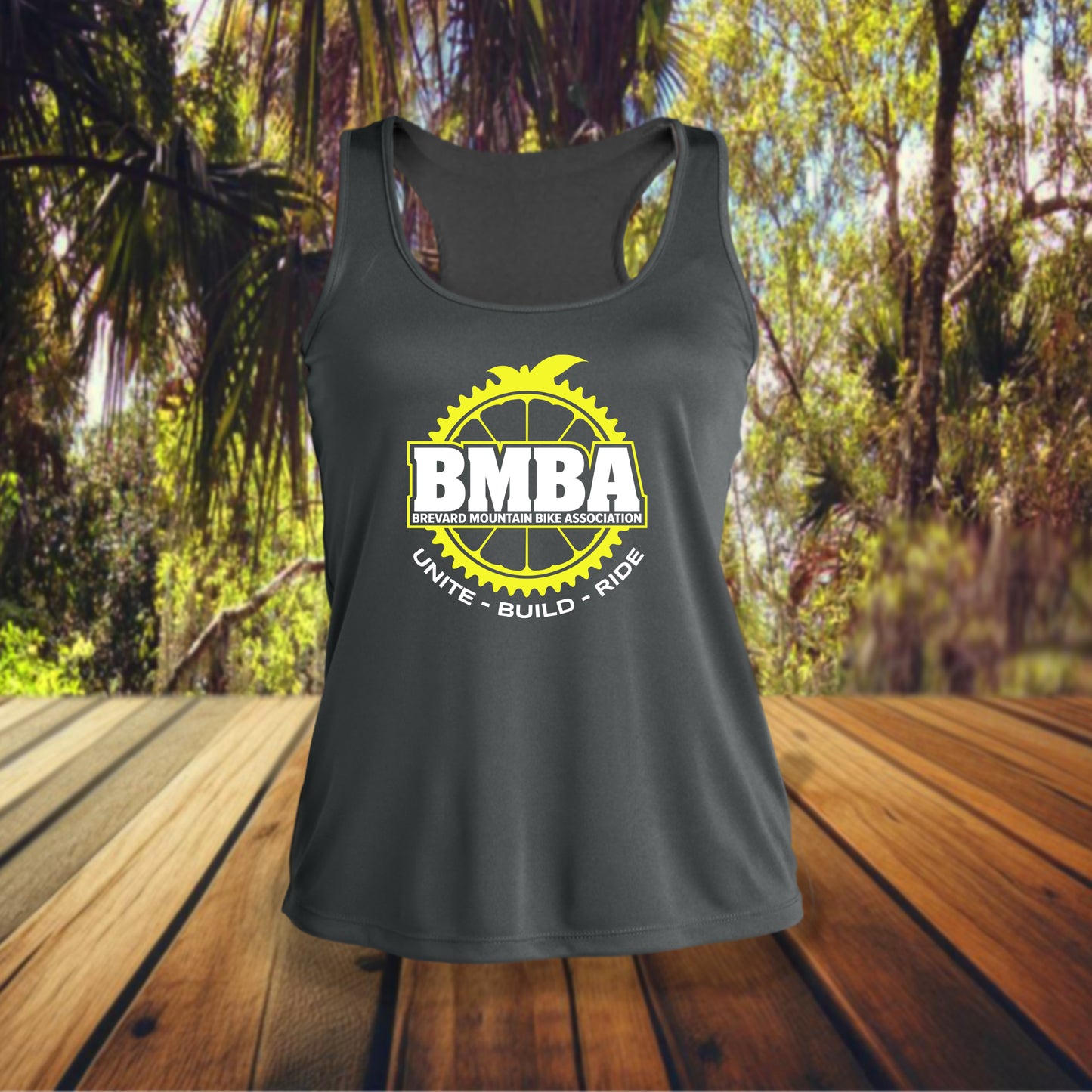 Ladie's Riding Tank Top -Cool Grey - Yellow/White BMBA Logo