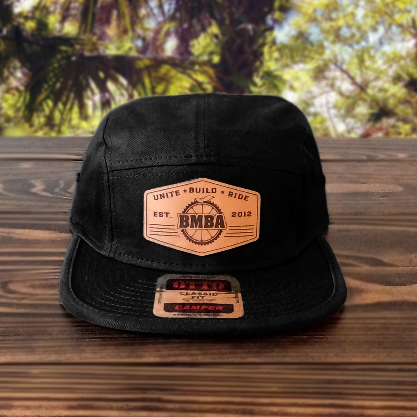 OTTO 5-Panel Camp Hat-Black-BMBA Leather Hexagon Logo