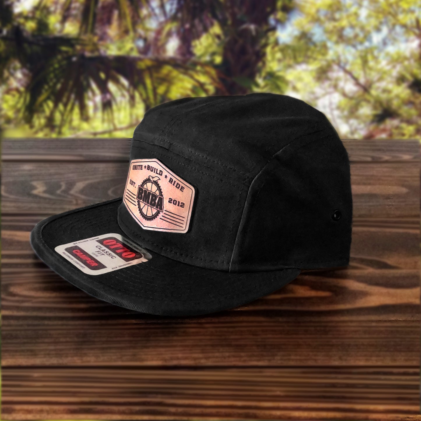 OTTO 5-Panel Camp Hat-Black-BMBA Leather Hexagon Logo