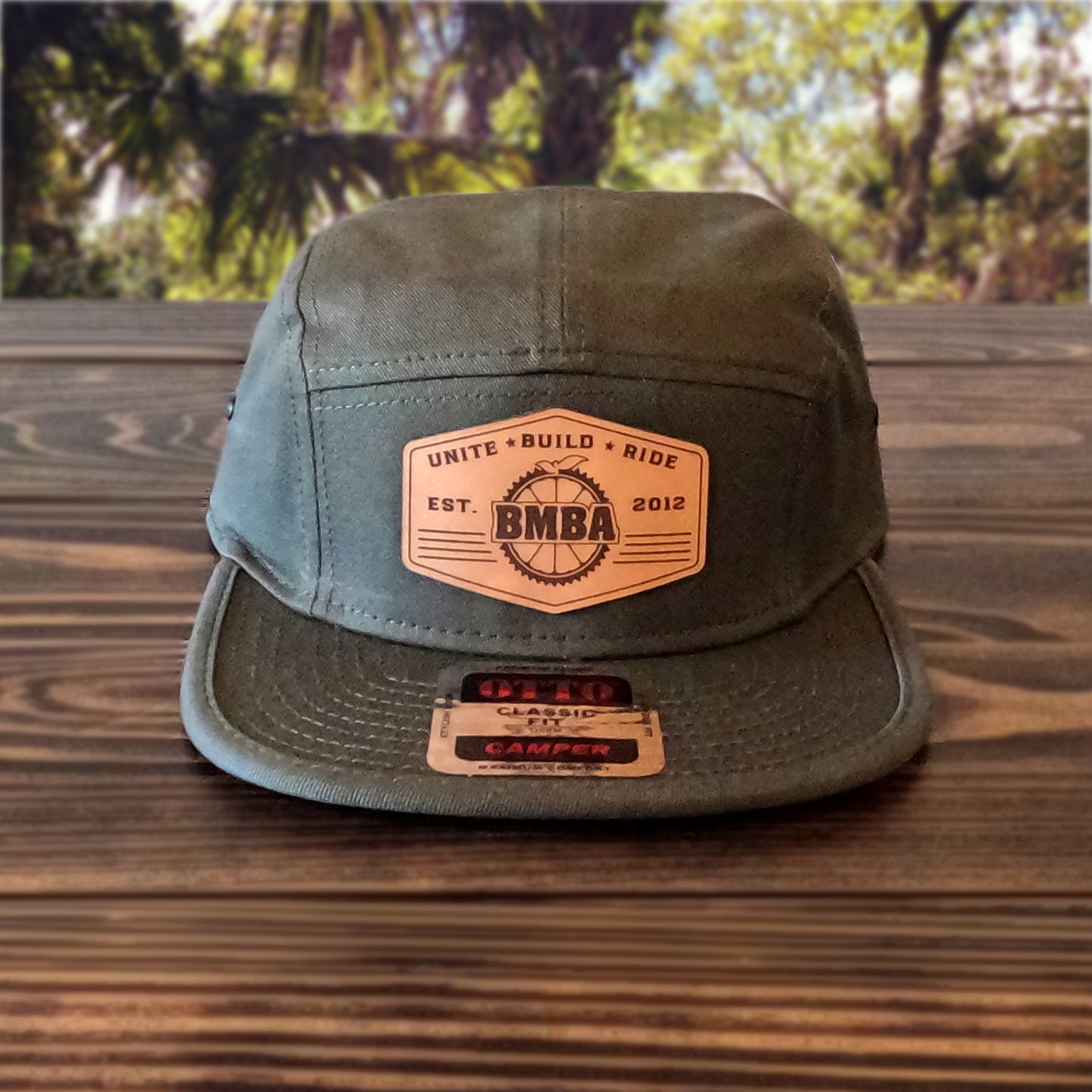 OTTO 5-Panel Camp Hat-Dk Olive-BMBA Leather Hexagon Logo