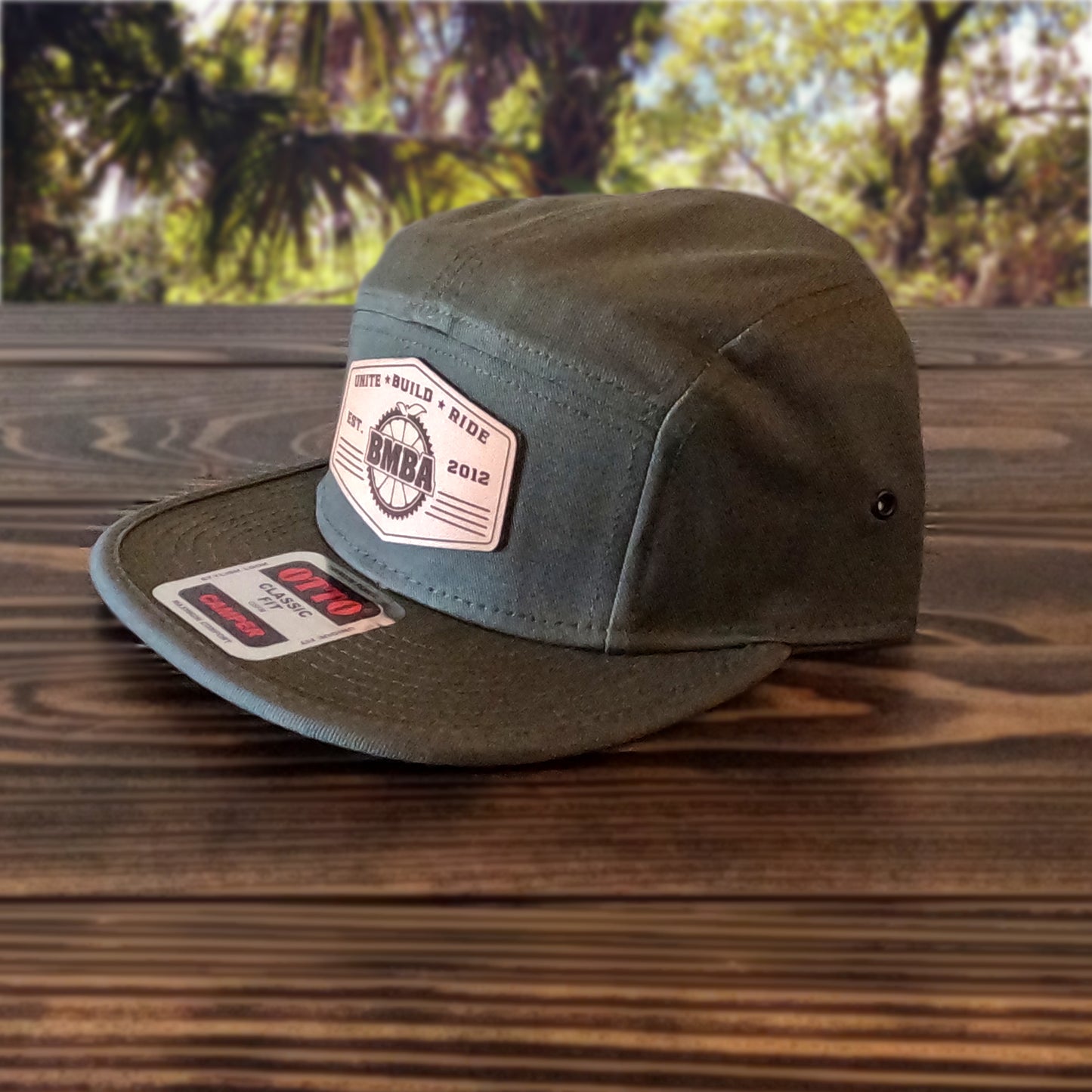 OTTO 5-Panel Camp Hat-Dk Olive-BMBA Leather Hexagon Logo