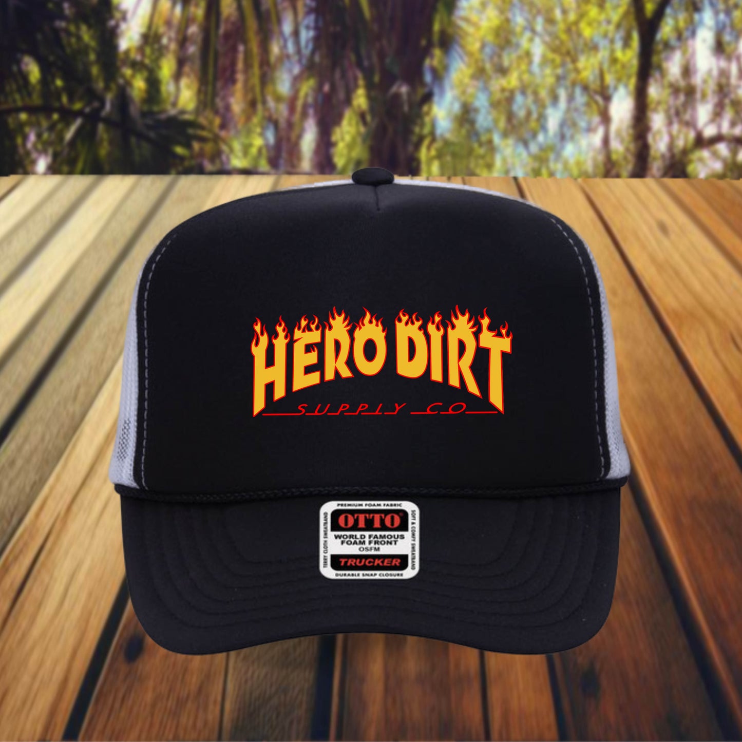 Otto 5-Panel Foam Front Trucker - Black/White - Hero Dirt Supply Co. - Crasher Logo