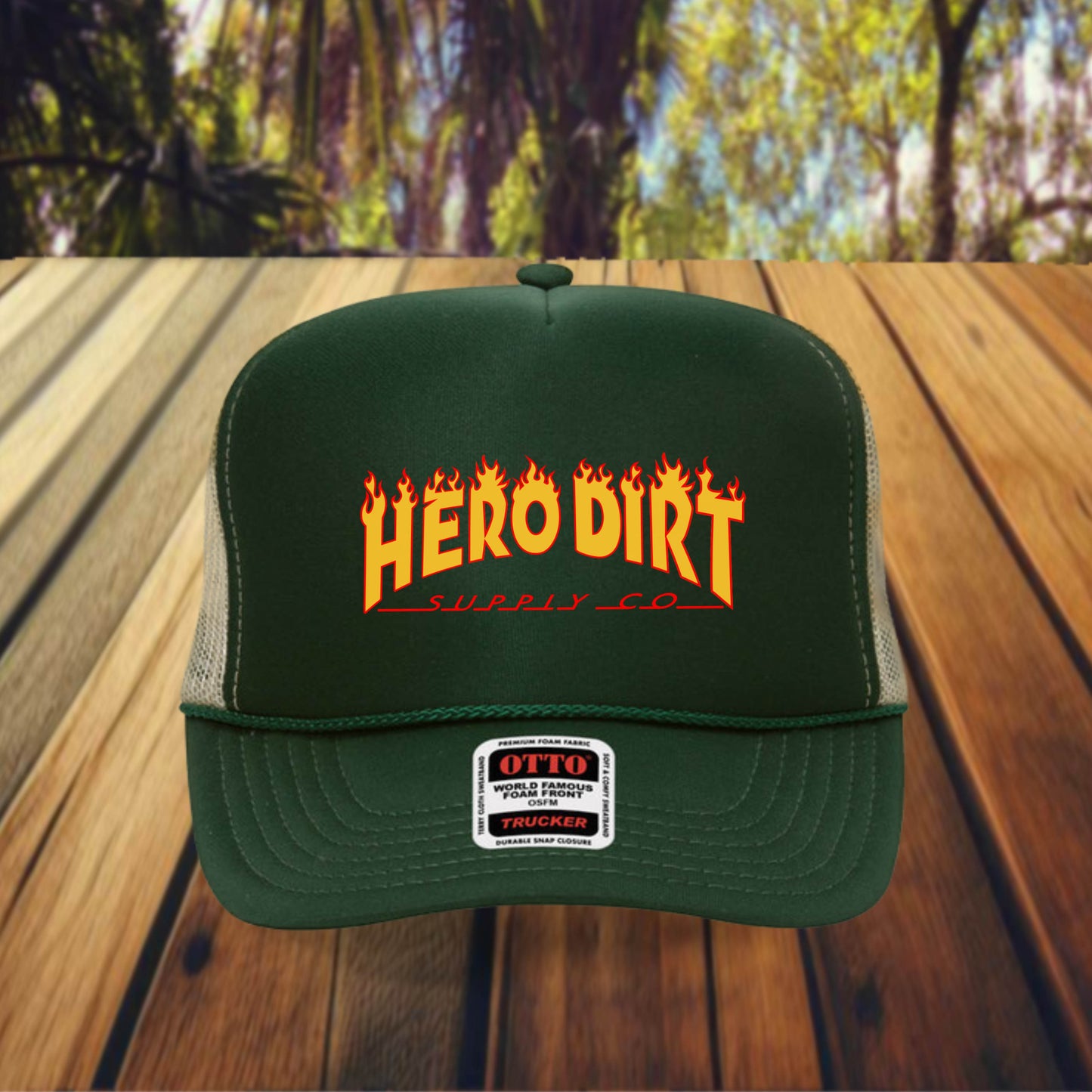 Otto 5-Panel Foam Front Trucker - Green/Khaki - Hero Dirt Supply Co. - Crasher Logo