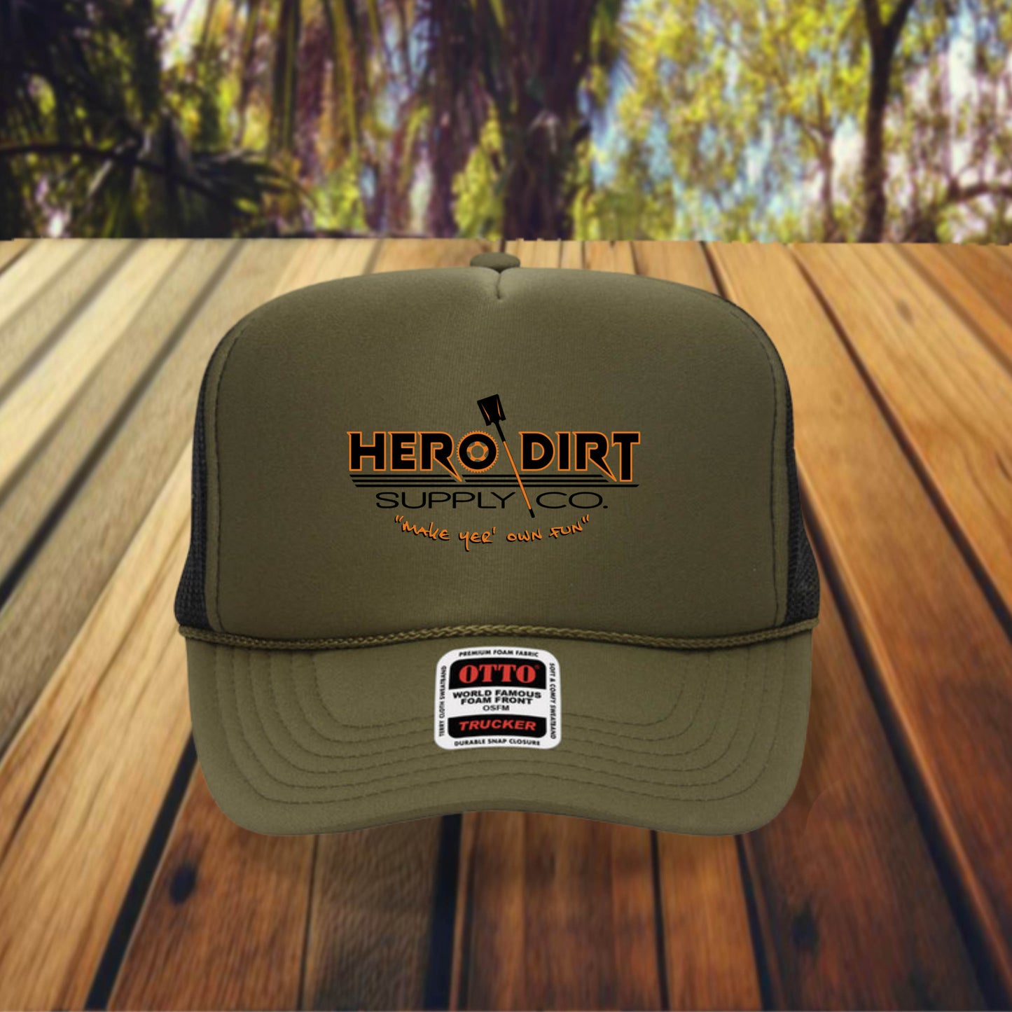 Otto 5-Panel Foam Front Trucker - Olive/Black - Hero Dirt Supply Co. Corp Logo