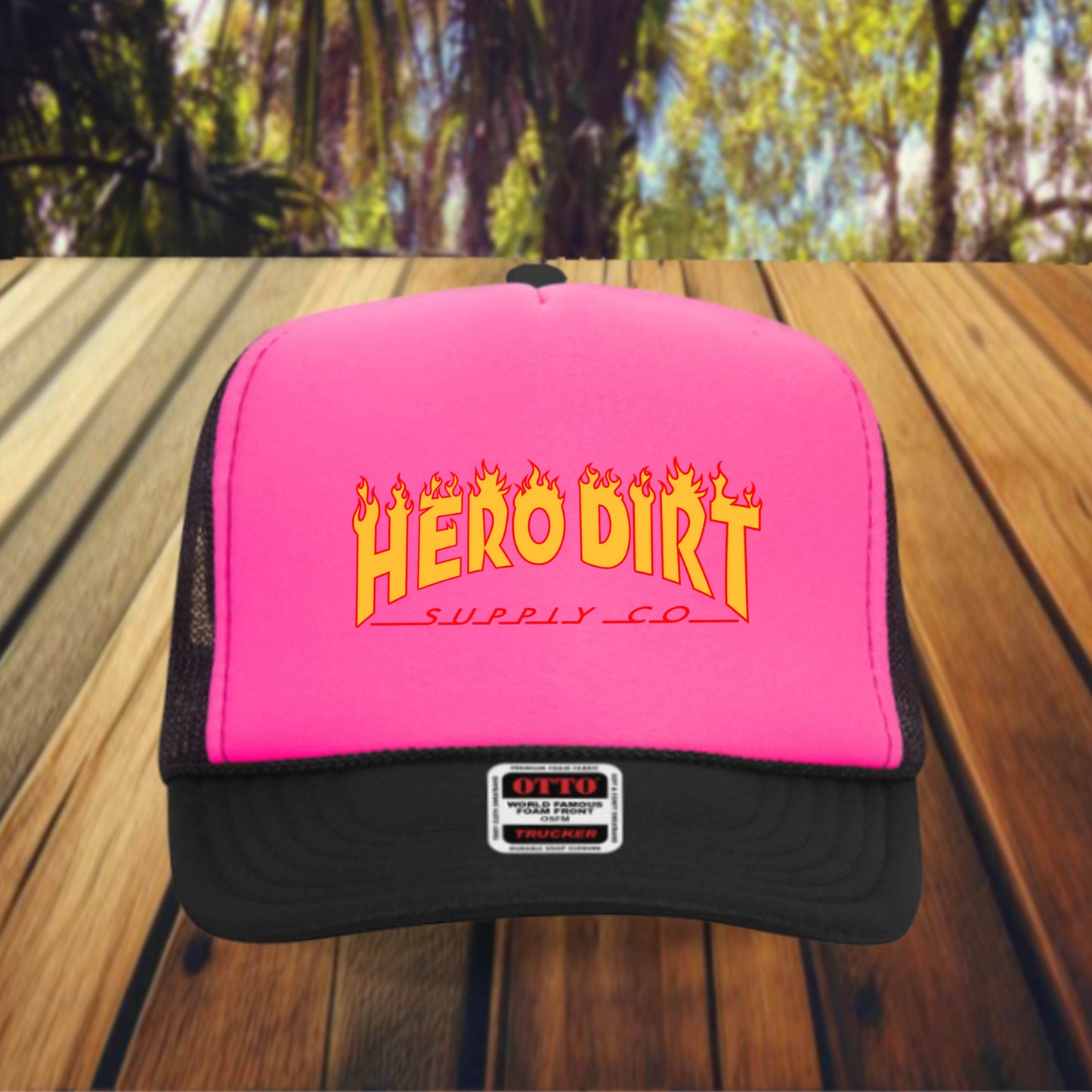 Otto 5-Panel Foam Front Trucker - Pink/Black - Hero Dirt Supply Co. - Crasher Logo