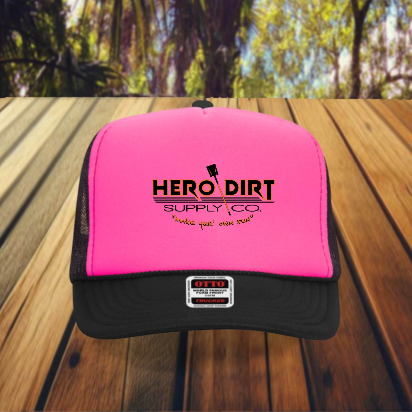 Otto 5-Panel Foam Front Trucker - Pink/Black - Hero Dirt Supply Co. Corp Logo