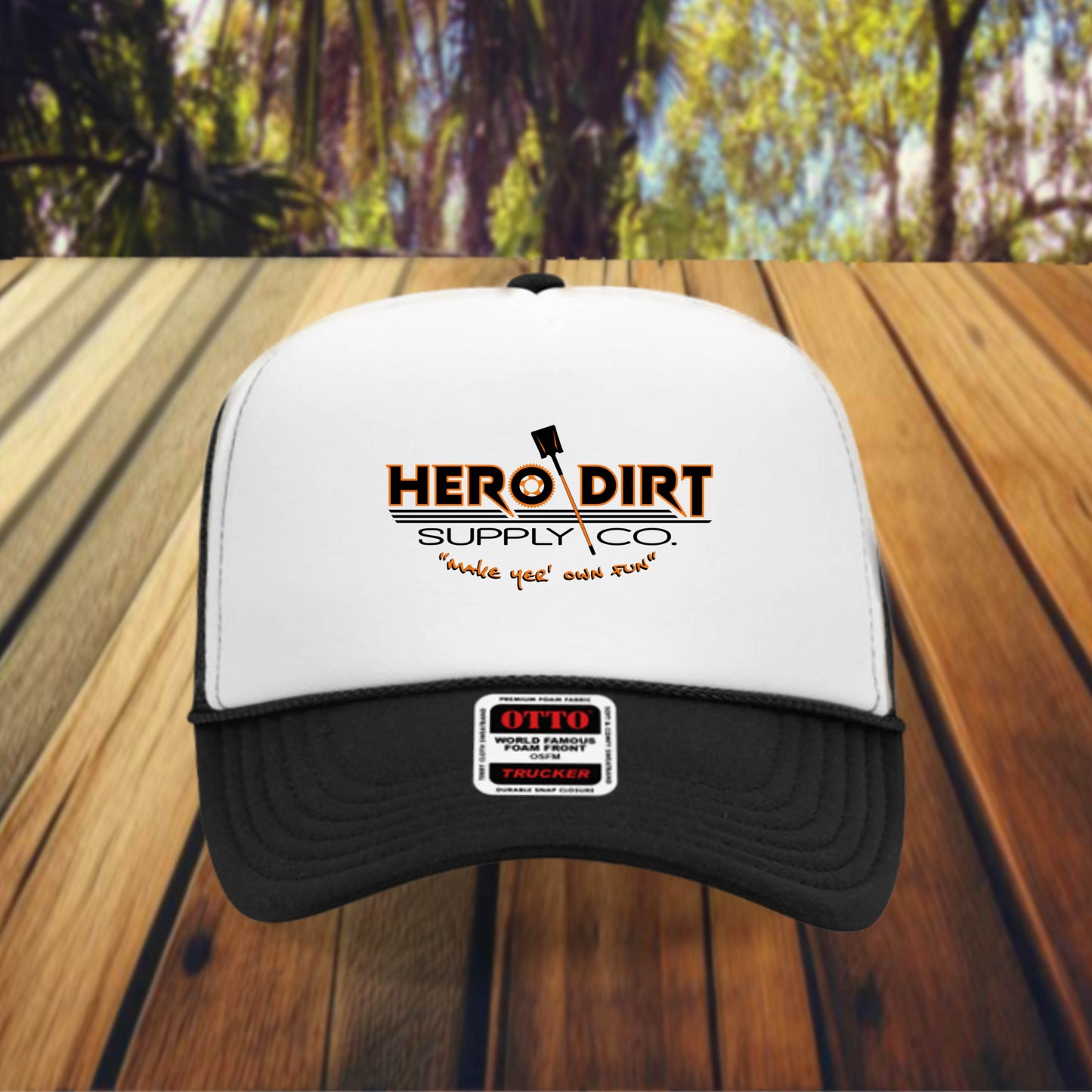Otto 5-Panel Foam Front Trucker - Black/White/Black - Hero Dirt Supply Co. Corp Logo