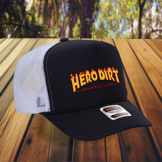 Otto 5-Panel Foam Front Trucker - Black/White - Hero Dirt Supply Co. - Crasher Logo