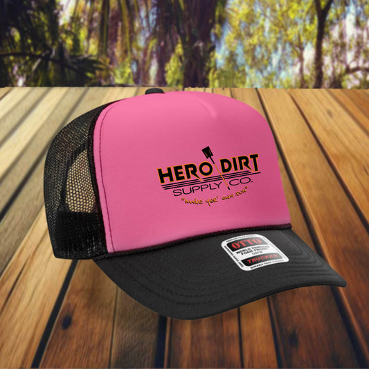 Otto 5-Panel Foam Front Trucker - Pink/Black - Hero Dirt Supply Co. Corp Logo