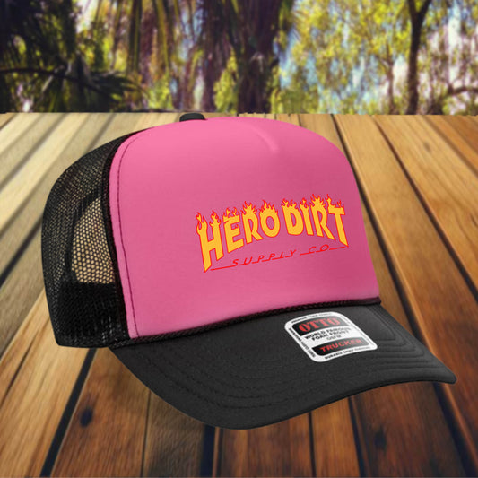 Otto 5-Panel Foam Front Trucker - Pink/Black - Hero Dirt Supply Co. - Crasher Logo
